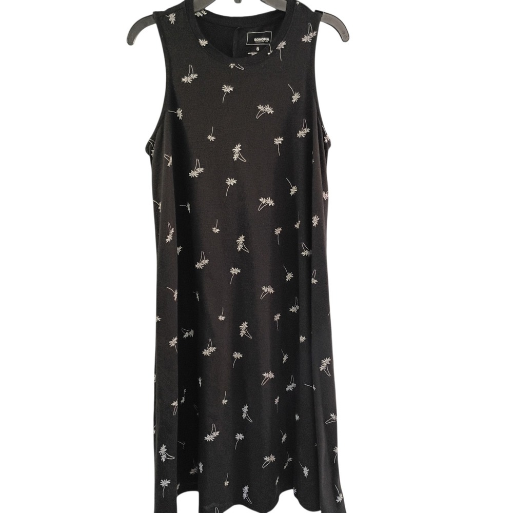 Sonoma Dress Women's Small Black & White Palm Trees‎ Knee Length Sleeveless EUC